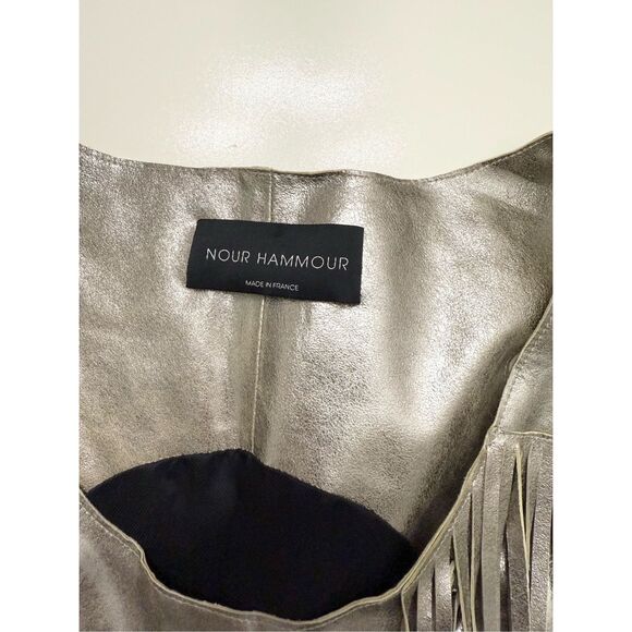 Nour Hammour Retrograde Gold Taupe Metallic Leather Fringe Top Size 38 4 6 - Picture 7 of 7